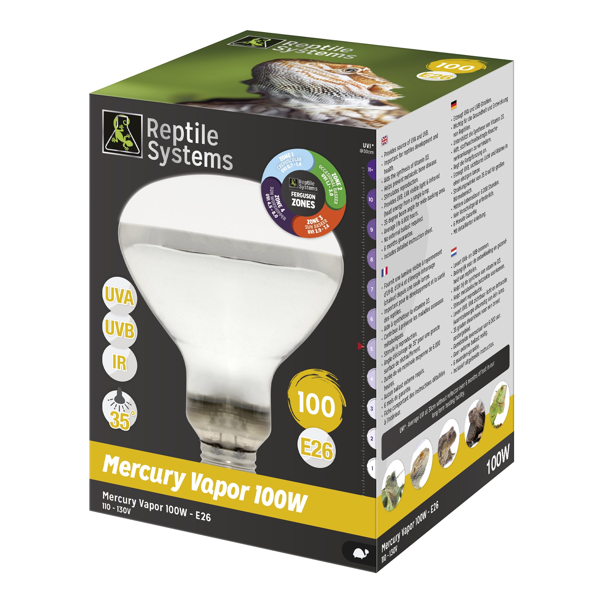 REPTILE SYSTEMS Mercury Vapor Reptile Heat Lamp, UVA + UVB + Heat, All-In-One Basking Light Bulb